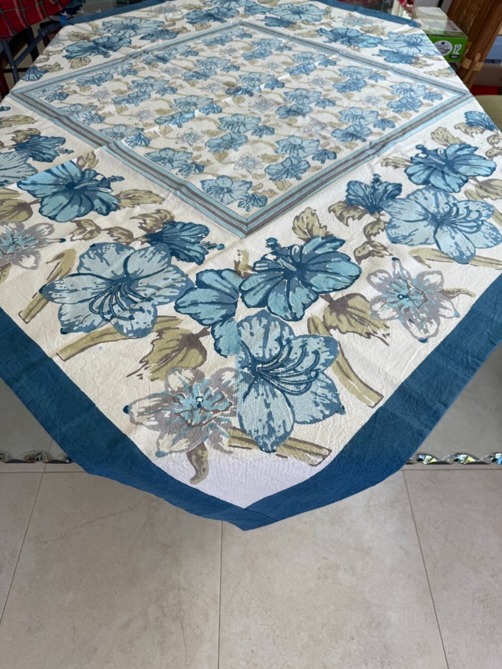 Vintage Couleur Nature by Bruno Lamy Tablecloth 59x59 Blue Hibiscus Hand Block
